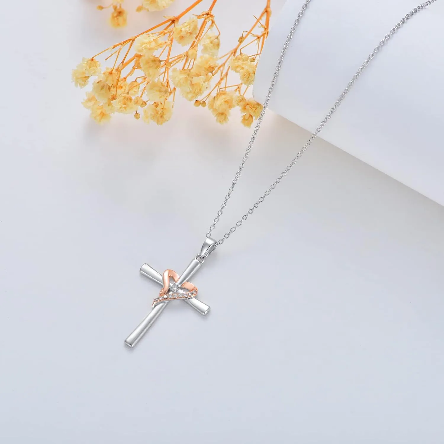 Natural Diamond Cross Pendant Necklace for Women Sterling Silver Round White Diamond Accent Cross Necklace Jewelry Gift for Her