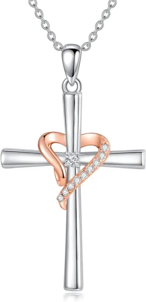 Natural Diamond Cross Pendant Necklace for Women Sterling Silver Round White Diamond Accent Cross Necklace Jewelry Gift for Her