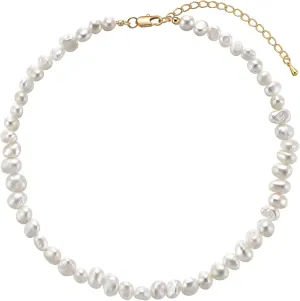 Natural Freshwater 5-10mm Baroque Pearsl Choker Necklace for Women White Pearl Beaded Necklace Strand Elegant Summer Layering Jewelry for Wedding Bride Bridesmaids Gift 16" Princess Length