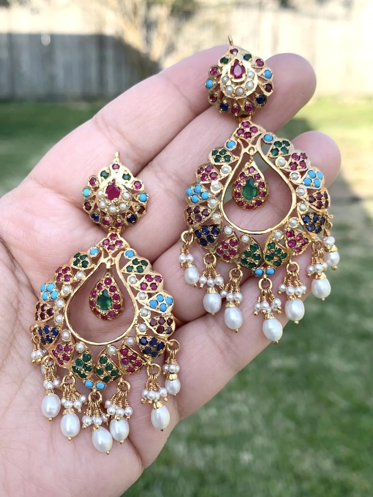 Navratan Chandbali Earrings in Gold Plated Sterling Silver ER 132