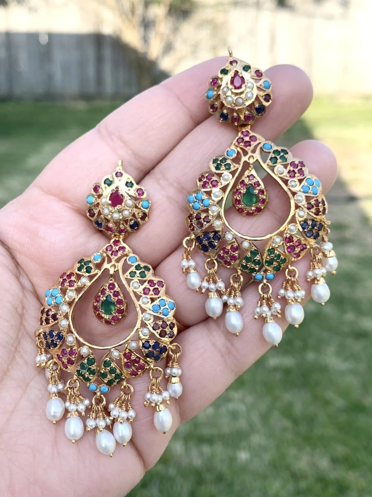 Navratan Chandbali Earrings in Gold Plated Sterling Silver ER 132