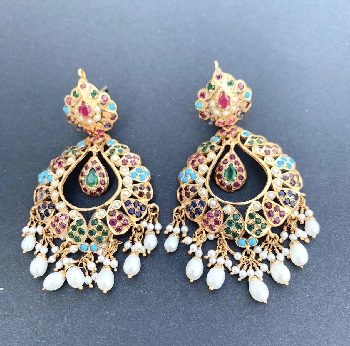 Navratan Chandbali Earrings in Gold Plated Sterling Silver ER 132