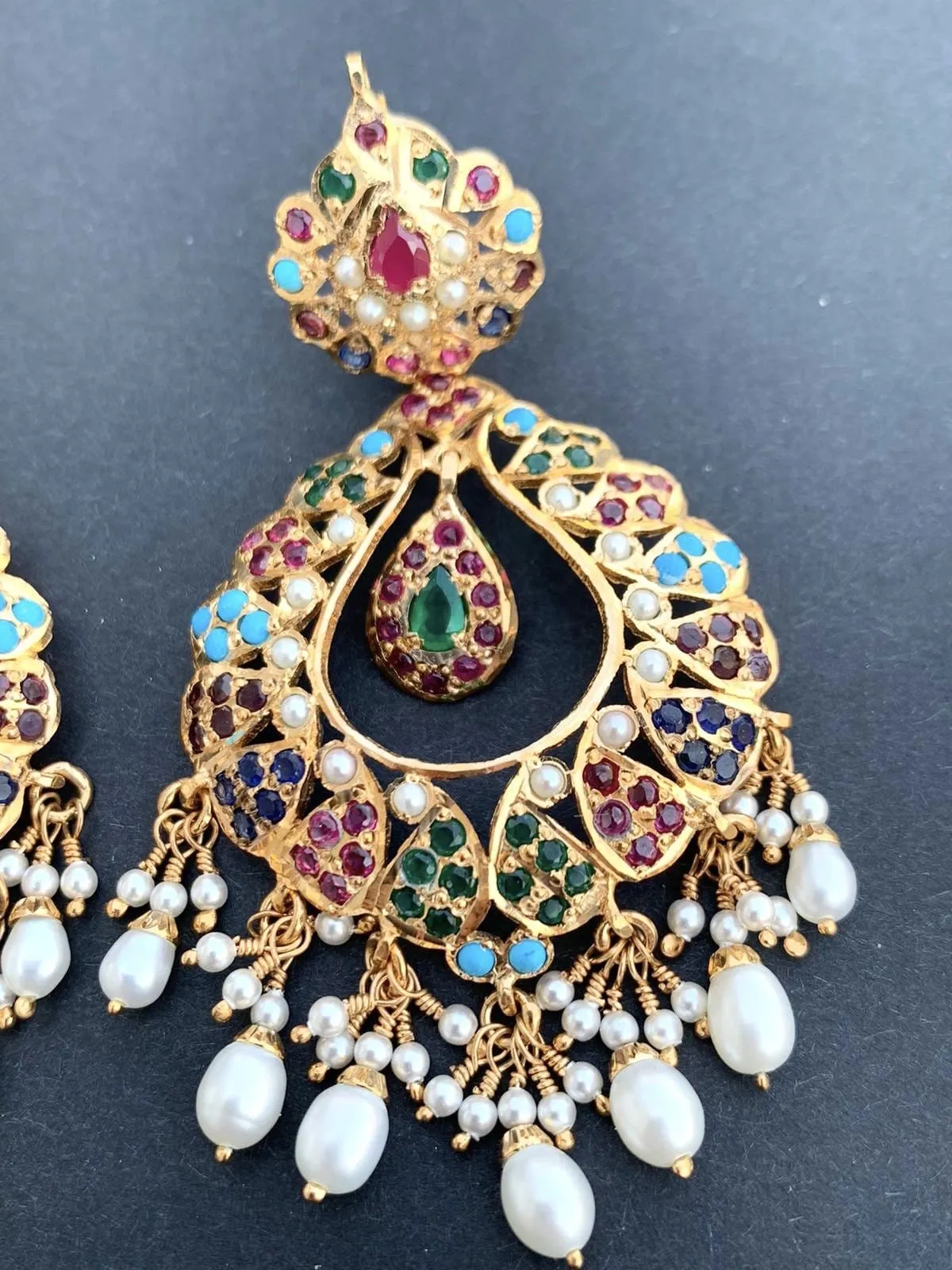 Navratan Chandbali Earrings in Gold Plated Sterling Silver ER 132