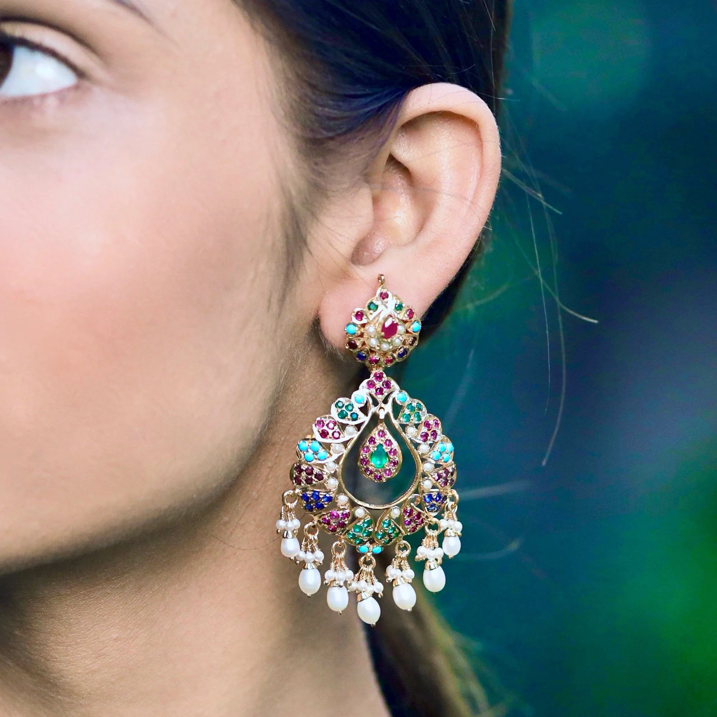 Navratan Chandbali Earrings in Gold Plated Sterling Silver ER 132