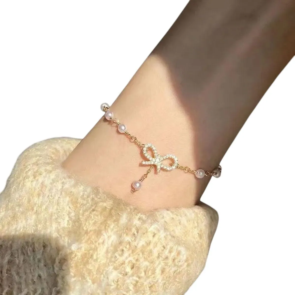 New 2025 Unisex Sweet Korean Imitation Pearl Link Chain Bracelet For Women Her Elegant Charm Crystal Bowknot Bow Jewelry Female Party Gifts Decoration Luxury Accessories Trendy For Women And Men
