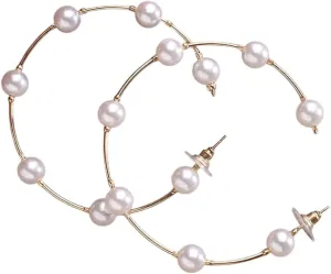 New White Imitation Pearl Round Hoop Earrings Female Gold Color Big Earrings Korean Jewelry Statement Earrings