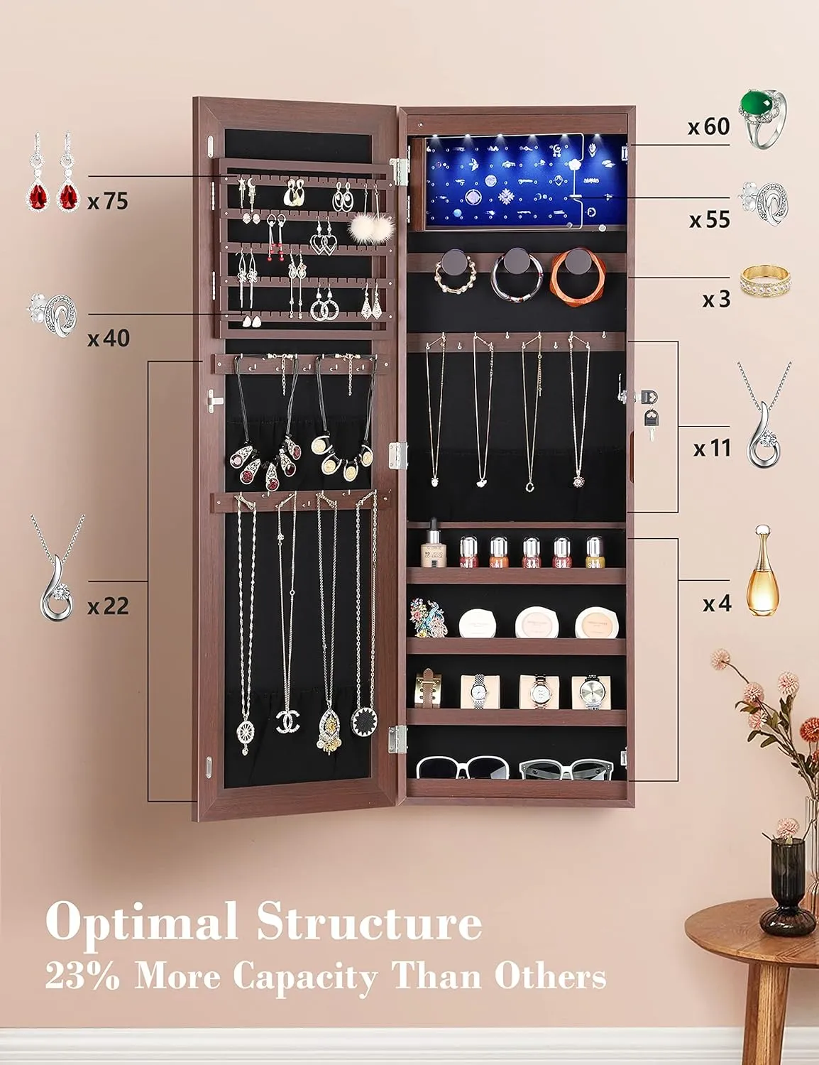 Nicetree 6 LEDs Jewelry Mirror Cabinet, 4.2" D Full Length Mirror with Storage, Door/Wall Mounted Jewelry Storage Mirror, Acrylic Cover, Larger Capacity, Brown