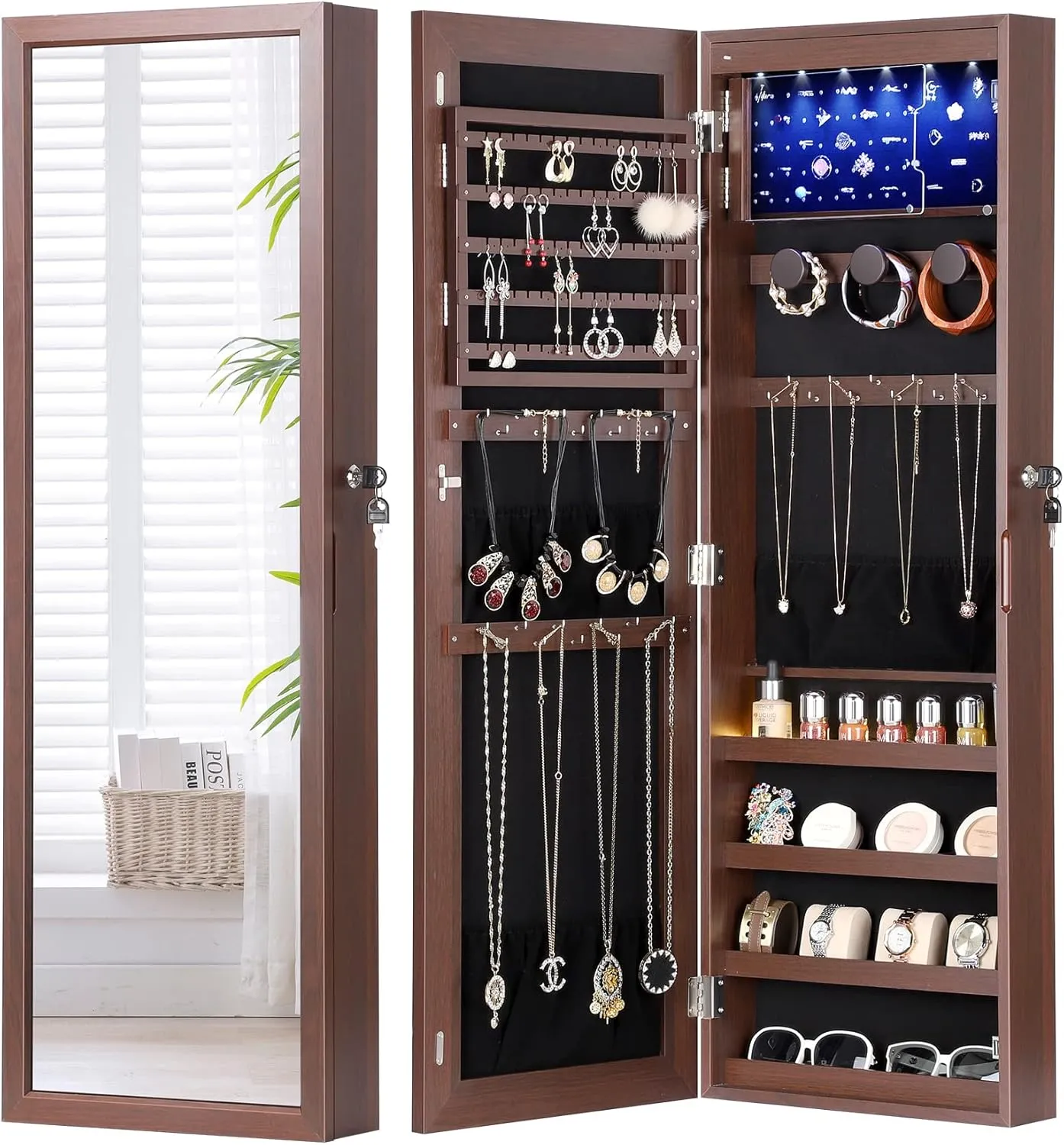 Nicetree 6 LEDs Jewelry Mirror Cabinet, 4.2" D Full Length Mirror with Storage, Door/Wall Mounted Jewelry Storage Mirror, Acrylic Cover, Larger Capacity, Brown
