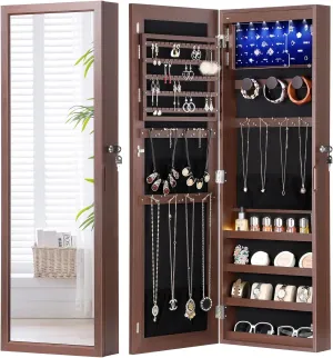 Nicetree 6 LEDs Jewelry Mirror Cabinet, 4.2" D Full Length Mirror with Storage, Door/Wall Mounted Jewelry Storage Mirror, Acrylic Cover, Larger Capacity, Brown