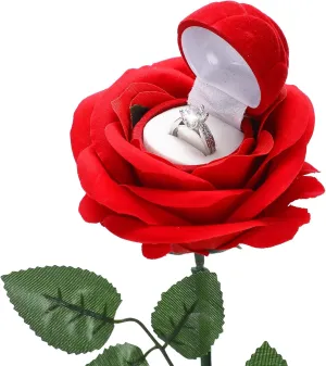 Noble Red Rose Ring Box Jewelry Box Case Engagement Ring Box with Stem for Proposal(Classic Style)