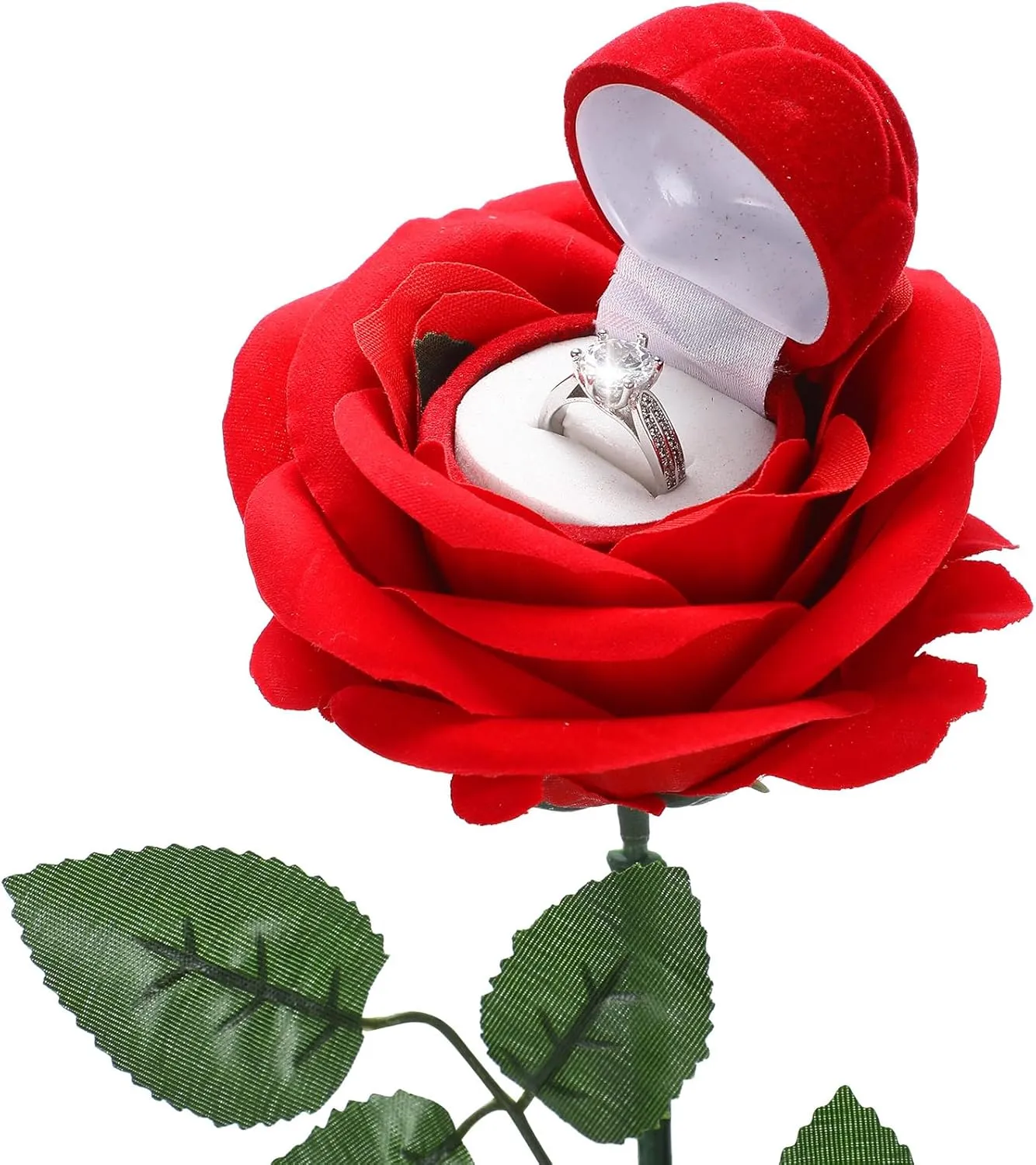Noble Red Rose Ring Box Jewelry Box Case Engagement Ring Box with Stem for Proposal(Classic Style)
