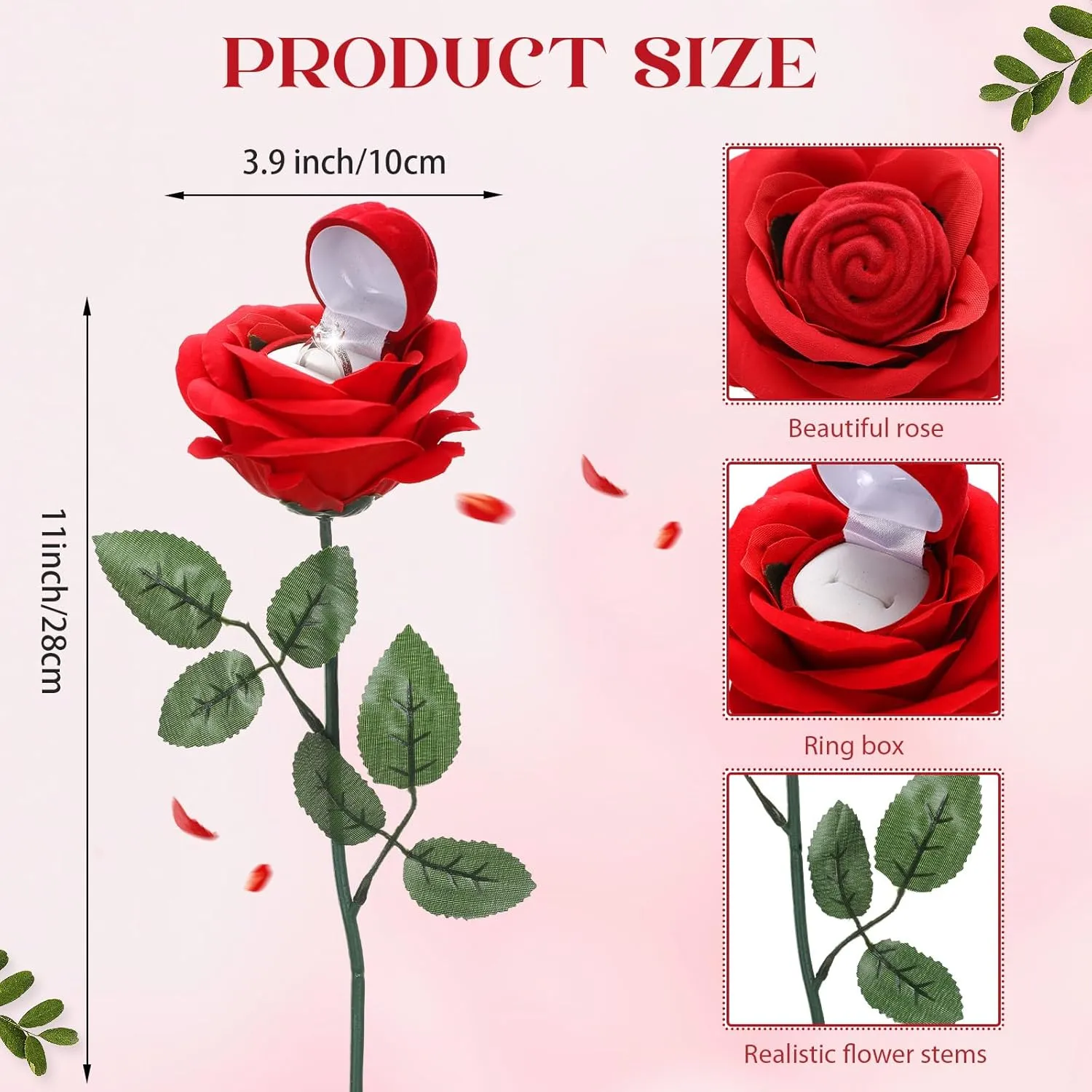 Noble Red Rose Ring Box Jewelry Box Case Engagement Ring Box with Stem for Proposal(Classic Style)