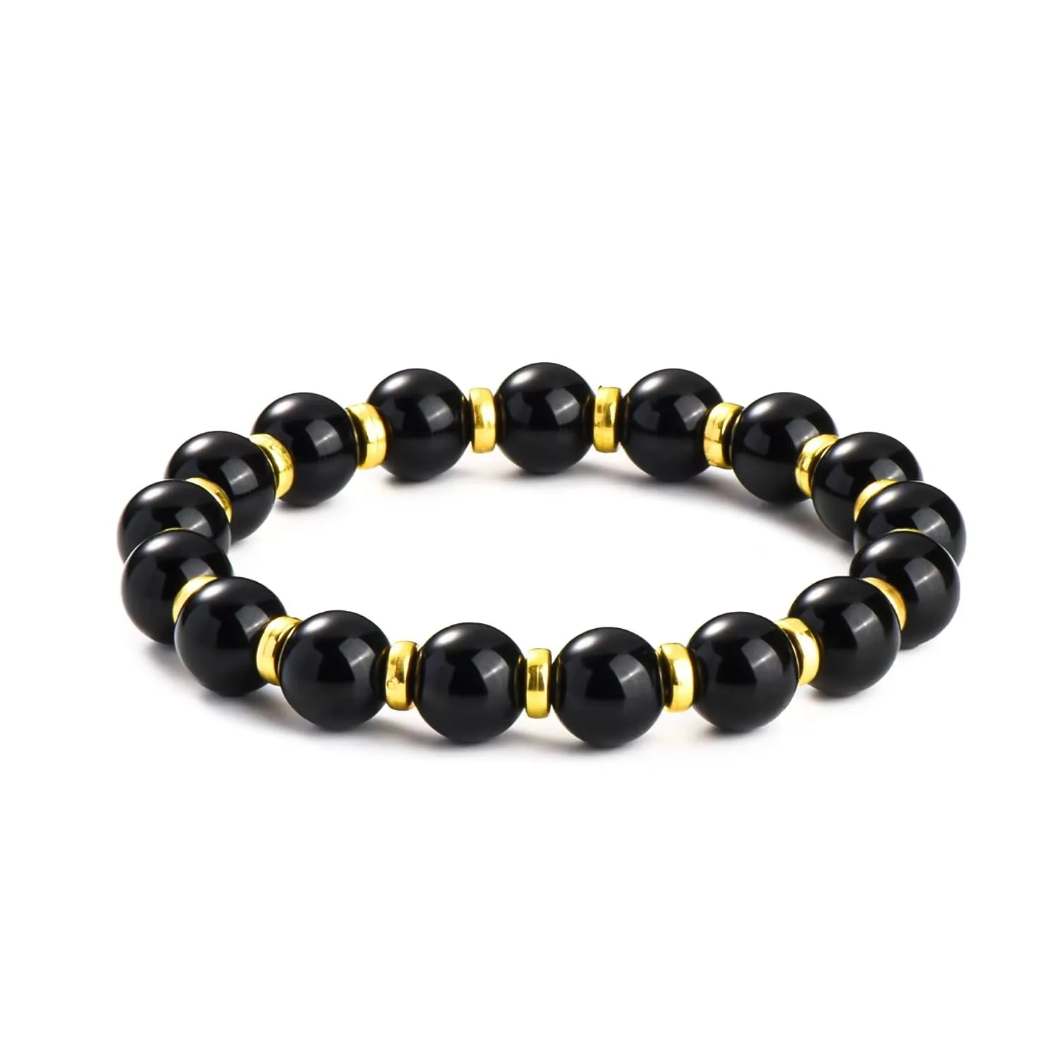 Obsidian - Women's and Men's Bracelet, 10mm Beaded Bracelet, Fashionable Gold Decoration, Used for Spiritual Healing, Positive Energy Stress Relief, Elastic Adjustable Size