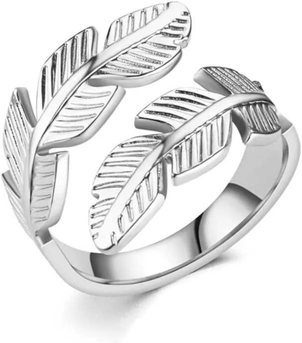 OIDIMS Feather Stainless Steel Statement Rings Angel Wings Leaves Wrap Open Adjustable Finger Engagement Couple Ring for Women Men Cocktail Party Jewelry Fashion Gifts for Birthday Christmas