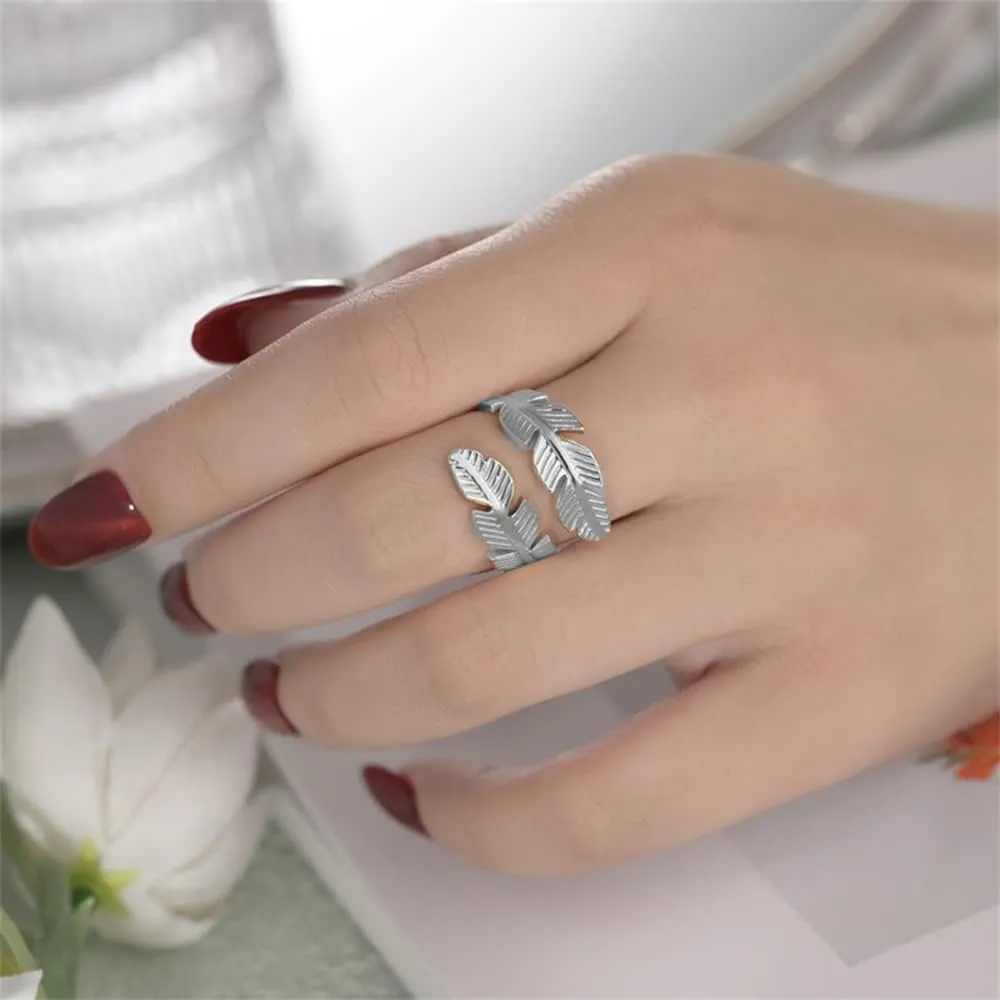 OIDIMS Feather Stainless Steel Statement Rings Angel Wings Leaves Wrap Open Adjustable Finger Engagement Couple Ring for Women Men Cocktail Party Jewelry Fashion Gifts for Birthday Christmas