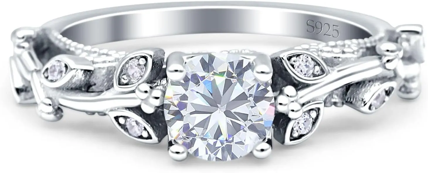OMRANII Art Deco Floral Marquise Design Vintage Style Solitaire Engagement Ring Round Cubic Zirconia Stones 925 Sterling Silver