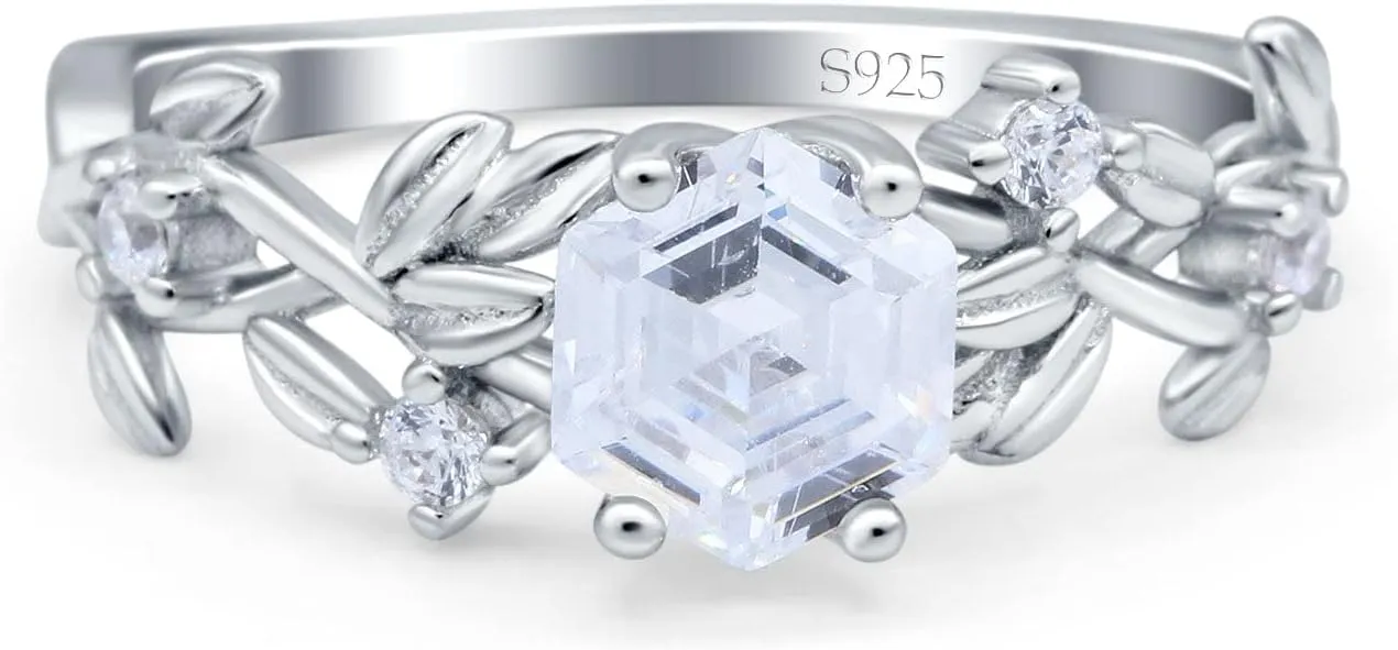 OMRANII Hexagon vintage style Wedding Engagement Ring Round Simulated Cubic Zirconia 925 Sterling Silver