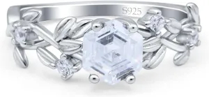 OMRANII Hexagon vintage style Wedding Engagement Ring Round Simulated Cubic Zirconia 925 Sterling Silver