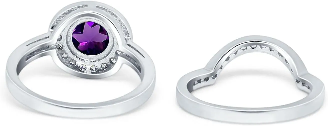 OMRANII Two Piece Round Natural Amethyst Vintage Style Curved Contour Band Halo CZ Wedding Set Bridal Engagement Ring 925 Sterling Silver Gifts For Her