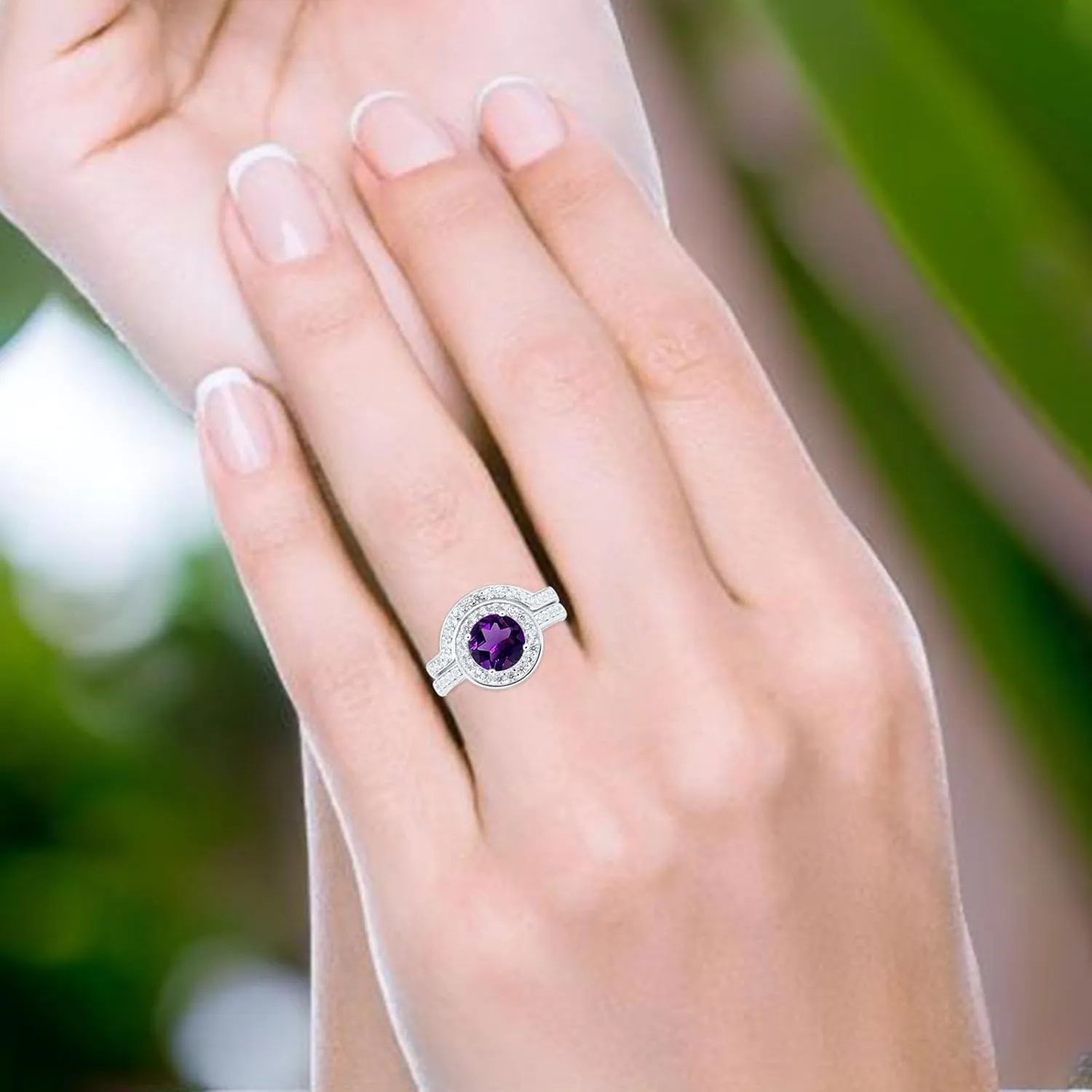 OMRANII Two Piece Round Natural Amethyst Vintage Style Curved Contour Band Halo CZ Wedding Set Bridal Engagement Ring 925 Sterling Silver Gifts For Her