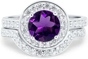 OMRANII Two Piece Round Natural Amethyst Vintage Style Curved Contour Band Halo CZ Wedding Set Bridal Engagement Ring 925 Sterling Silver Gifts For Her