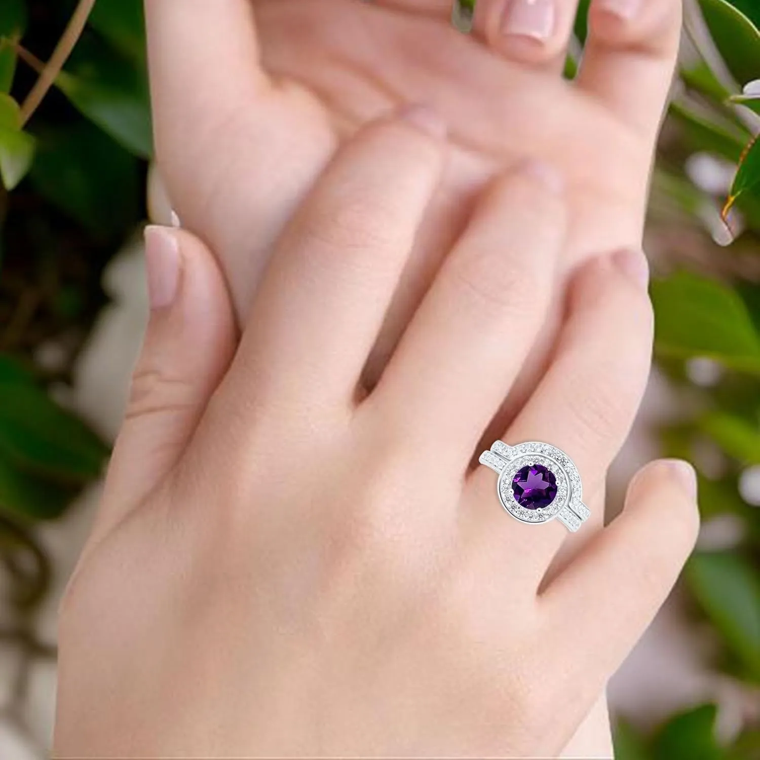 OMRANII Two Piece Round Natural Amethyst Vintage Style Curved Contour Band Halo CZ Wedding Set Bridal Engagement Ring 925 Sterling Silver Gifts For Her