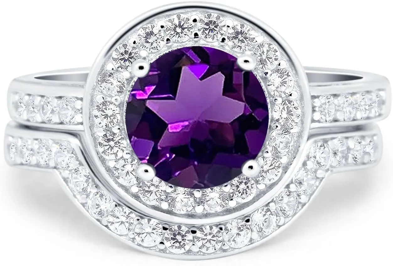 OMRANII Two Piece Round Natural Amethyst Vintage Style Curved Contour Band Halo CZ Wedding Set Bridal Engagement Ring 925 Sterling Silver Gifts For Her