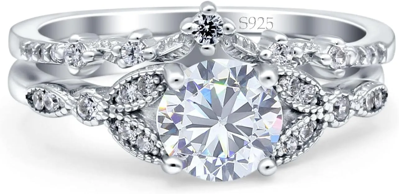 OMRANII Two Piece Vintage Style Art Deco Wedding Engagement Bridal Set Ring Band Round Simulated Cubic Zirconia 925 Sterling Silver