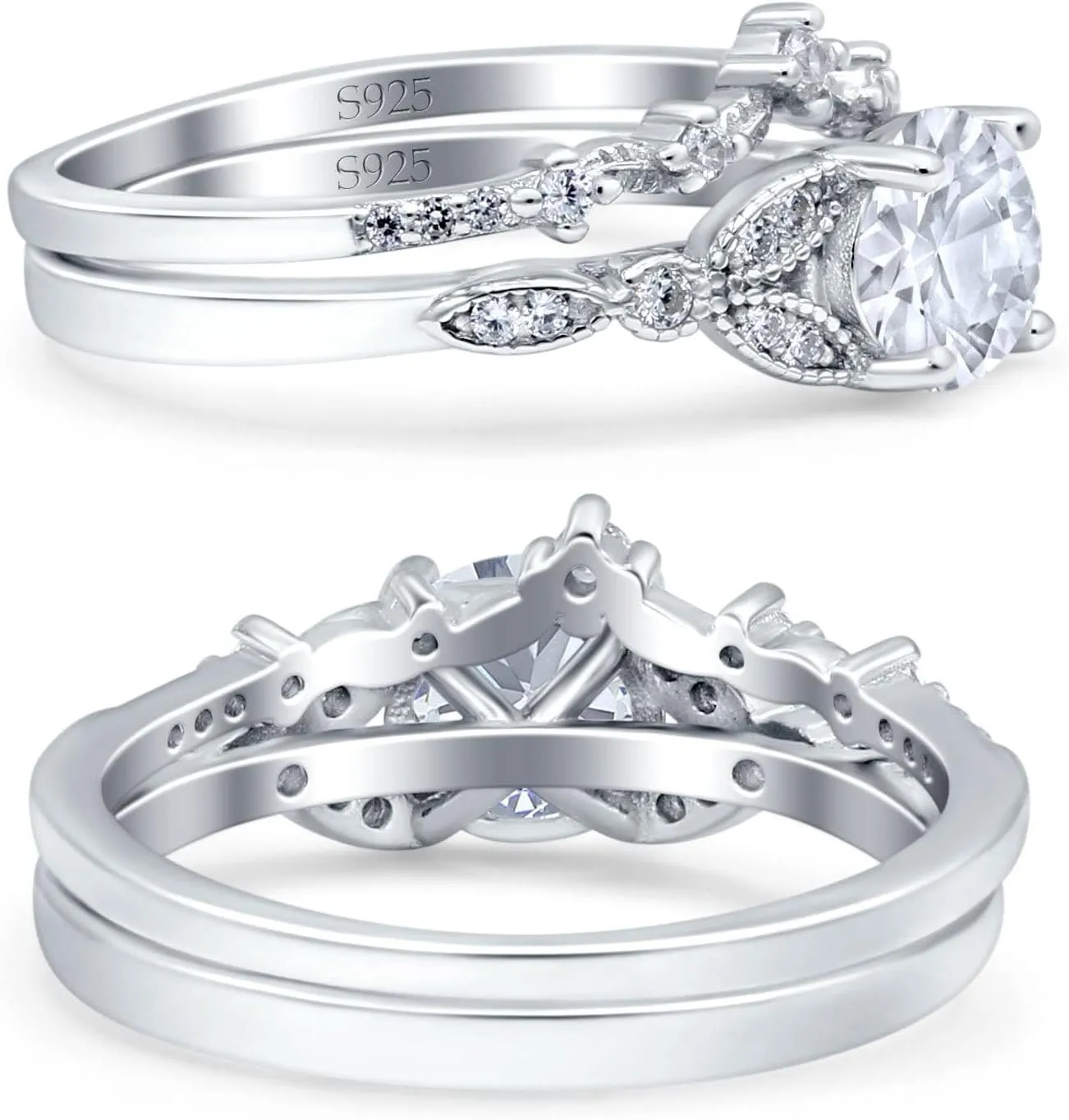 OMRANII Two Piece Vintage Style Art Deco Wedding Engagement Bridal Set Ring Band Round Simulated Cubic Zirconia 925 Sterling Silver