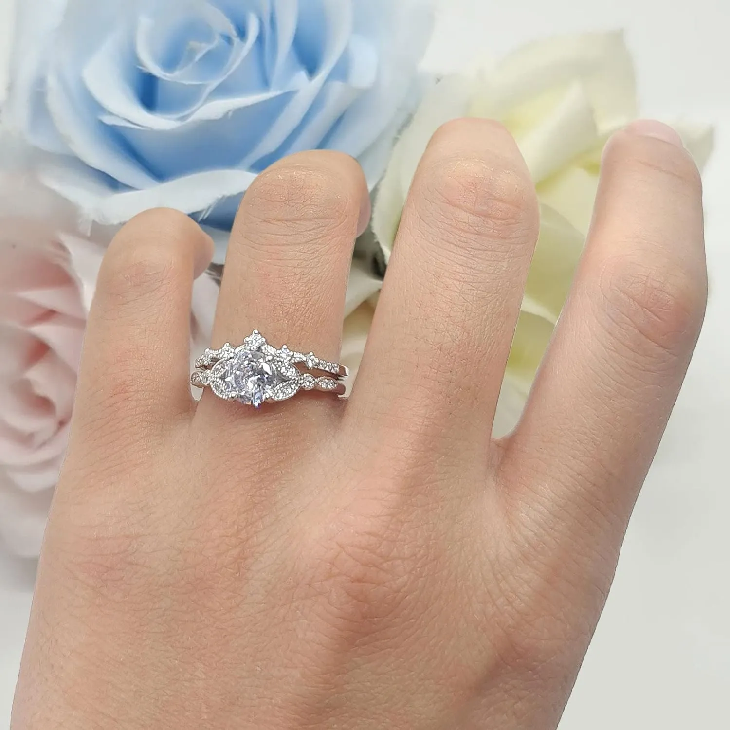 OMRANII Two Piece Vintage Style Art Deco Wedding Engagement Bridal Set Ring Band Round Simulated Cubic Zirconia 925 Sterling Silver