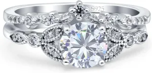 OMRANII Two Piece Vintage Style Art Deco Wedding Engagement Bridal Set Ring Band Round Simulated Cubic Zirconia 925 Sterling Silver
