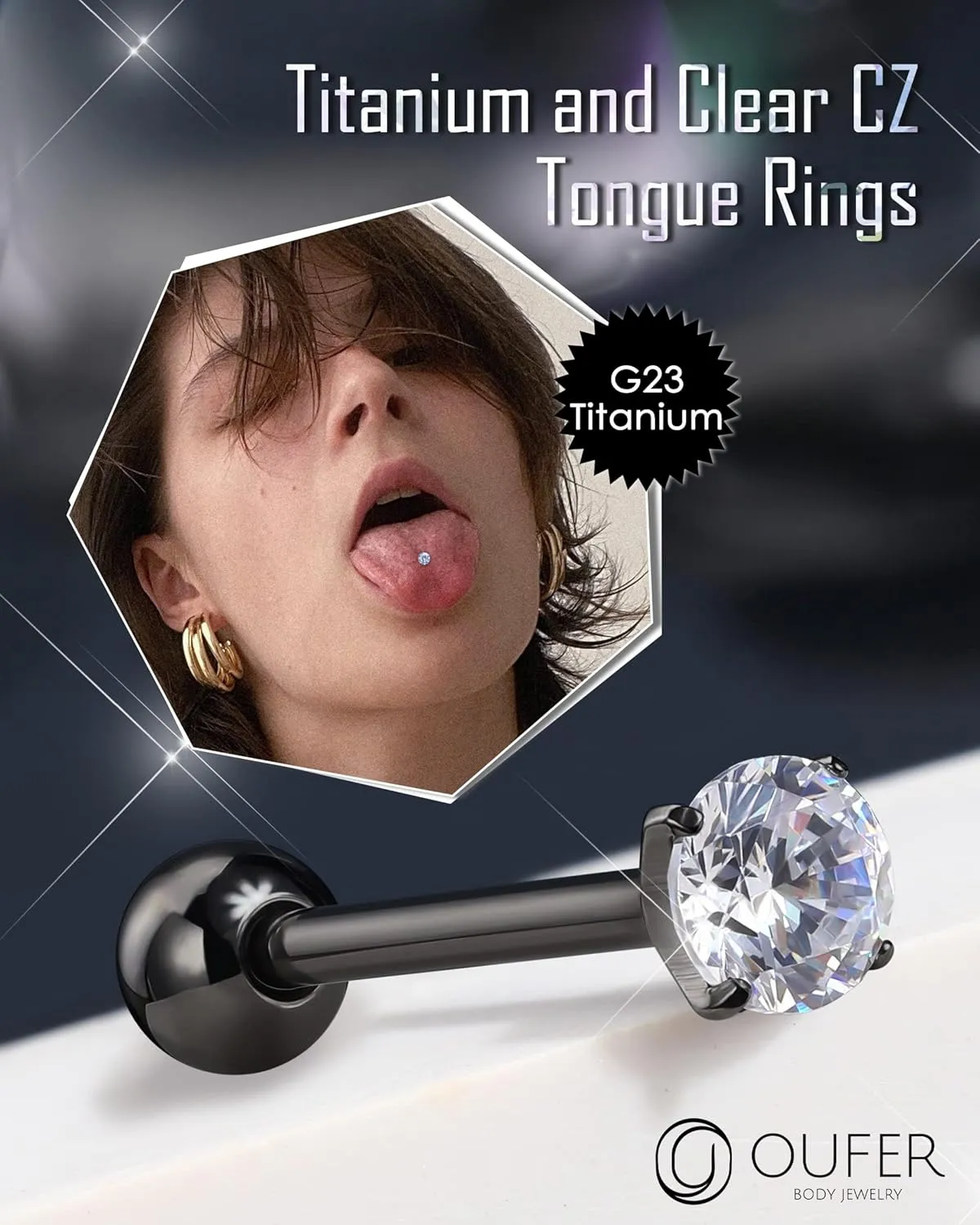 OUFER 14G Tongue Rings - Shiny Clear CZ Tongue Barbells, G23 Solid Titanium Piercing Jewelry, Nickel-Free
