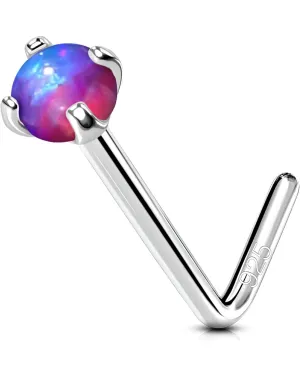 OUFER Purple Opal Nose Studs, 925 Sterling Silver Nose Rings, 20G Nostril Piercing Jewelry, Tiny Nose Rings Studs, 2mm Round Opal Nose Piercing Jewelry, Silver L-Shaped Nose Rings For Women Men-7mm