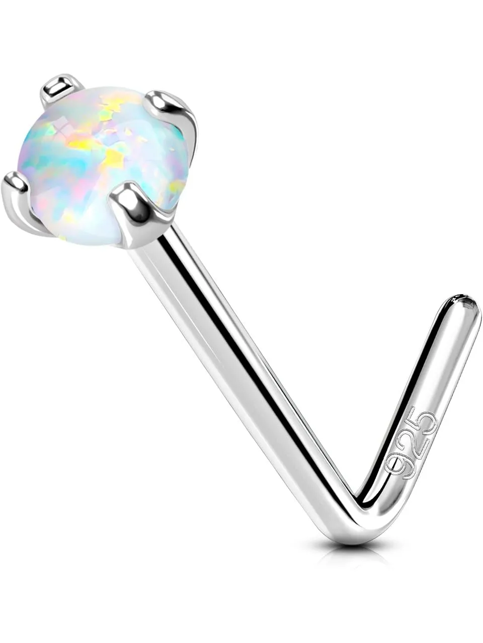 OUFER White Opal Nose Studs, 925 Sterling Silver Nose Rings, 20G Nostril Piercing Jewelry, Tiny Nose Rings Studs, 2mm Round Opal Nose Piercing Jewelry, Silver L-Shaped Nose Rings For Women Men-7mm