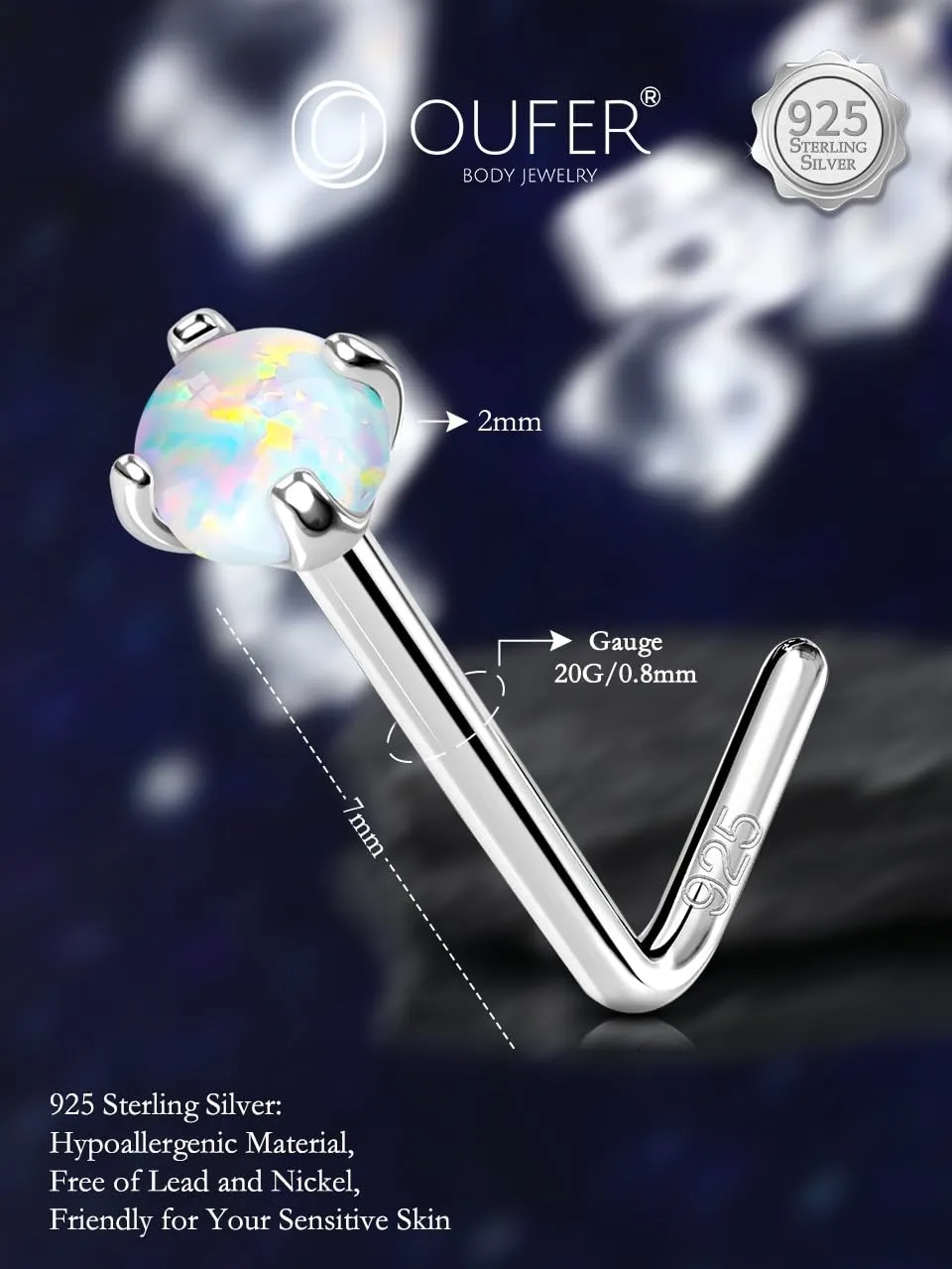 OUFER White Opal Nose Studs, 925 Sterling Silver Nose Rings, 20G Nostril Piercing Jewelry, Tiny Nose Rings Studs, 2mm Round Opal Nose Piercing Jewelry, Silver L-Shaped Nose Rings For Women Men-7mm