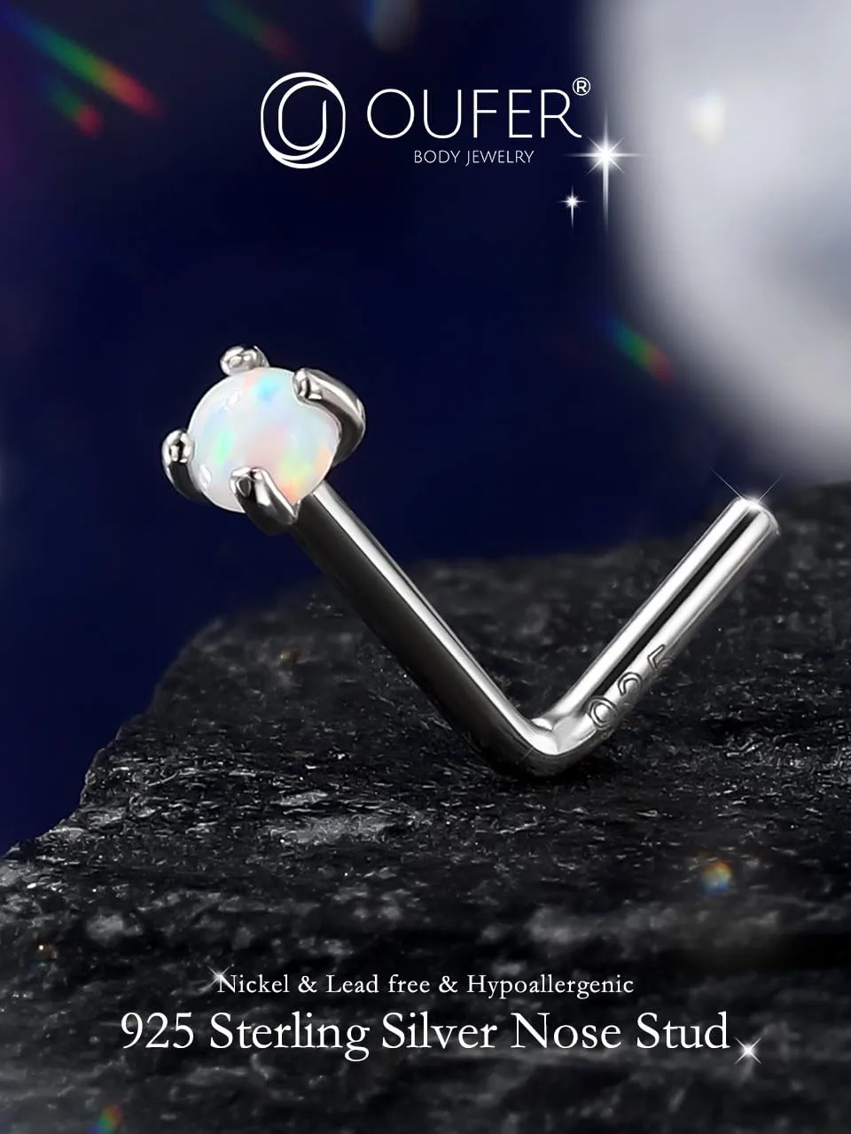 OUFER White Opal Nose Studs, 925 Sterling Silver Nose Rings, 20G Nostril Piercing Jewelry, Tiny Nose Rings Studs, 2mm Round Opal Nose Piercing Jewelry, Silver L-Shaped Nose Rings For Women Men-7mm