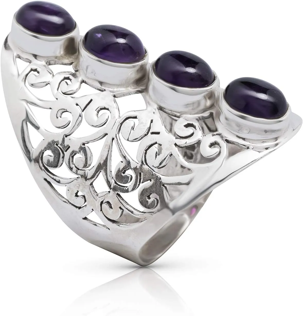 Oval Amethyst 4 Stones 925 Sterling Silver Ring - Delicate BOHO Chic Jewelry - Fashionable and Stylish for Women with Velvet Gift Bag/Box - Made by Indian Artisans - Size 6-10