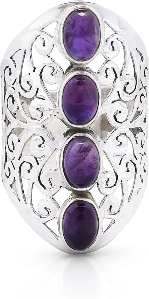 Oval Amethyst 4 Stones 925 Sterling Silver Ring - Delicate BOHO Chic Jewelry - Fashionable and Stylish for Women with Velvet Gift Bag/Box - Made by Indian Artisans - Size 6-10