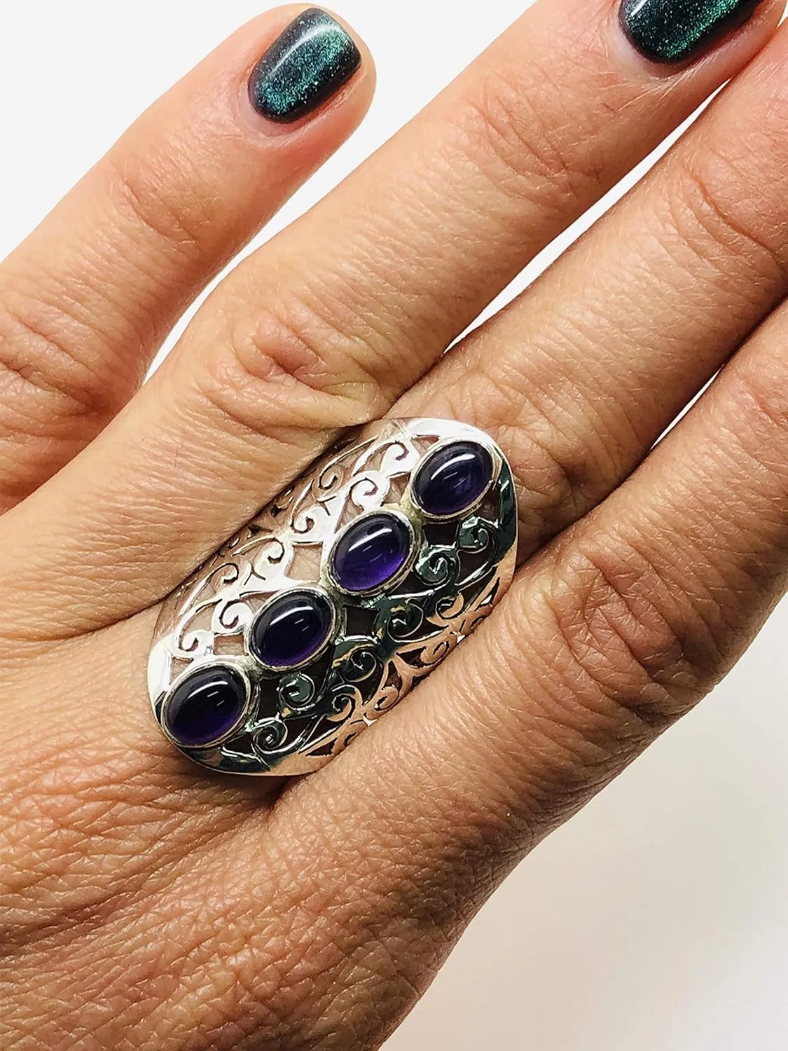 Oval Amethyst 4 Stones 925 Sterling Silver Ring - Delicate BOHO Chic Jewelry - Fashionable and Stylish for Women with Velvet Gift Bag/Box - Made by Indian Artisans - Size 6-10