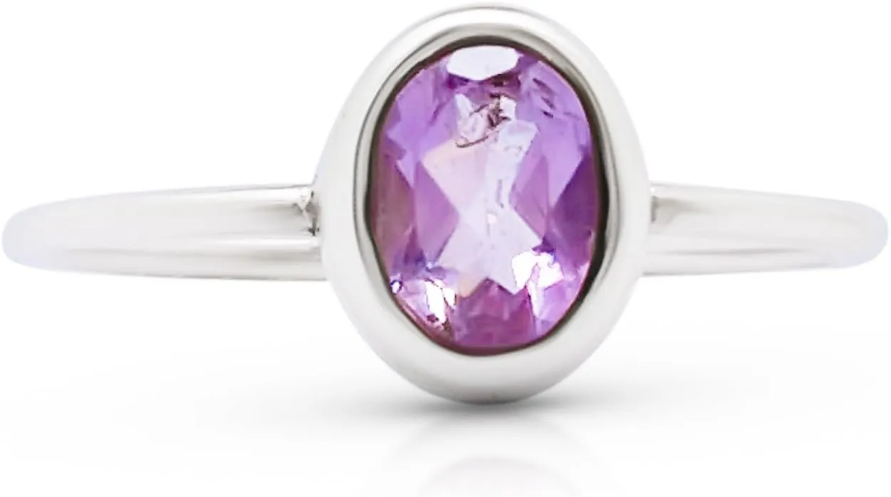 Oval Amethyst - 925 Sterling Silver Ring - Delicate BOHO Chic Jewelry - Fashionable and Stylish for Women with Velvet Gift Bag/Box - Made by Indian Artisans - Size 6-9