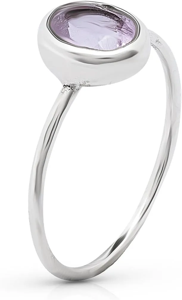 Oval Amethyst - 925 Sterling Silver Ring - Delicate BOHO Chic Jewelry - Fashionable and Stylish for Women with Velvet Gift Bag/Box - Made by Indian Artisans - Size 6-9