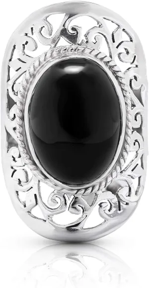 Oval Black Onyx 925 Sterling Silver Lace Ring - Delicate BOHO Chic Jewelry - Fashionable and Stylish for Women with Velvet Gift Bag/Box - Made by Indian Artisans - Size 6-10