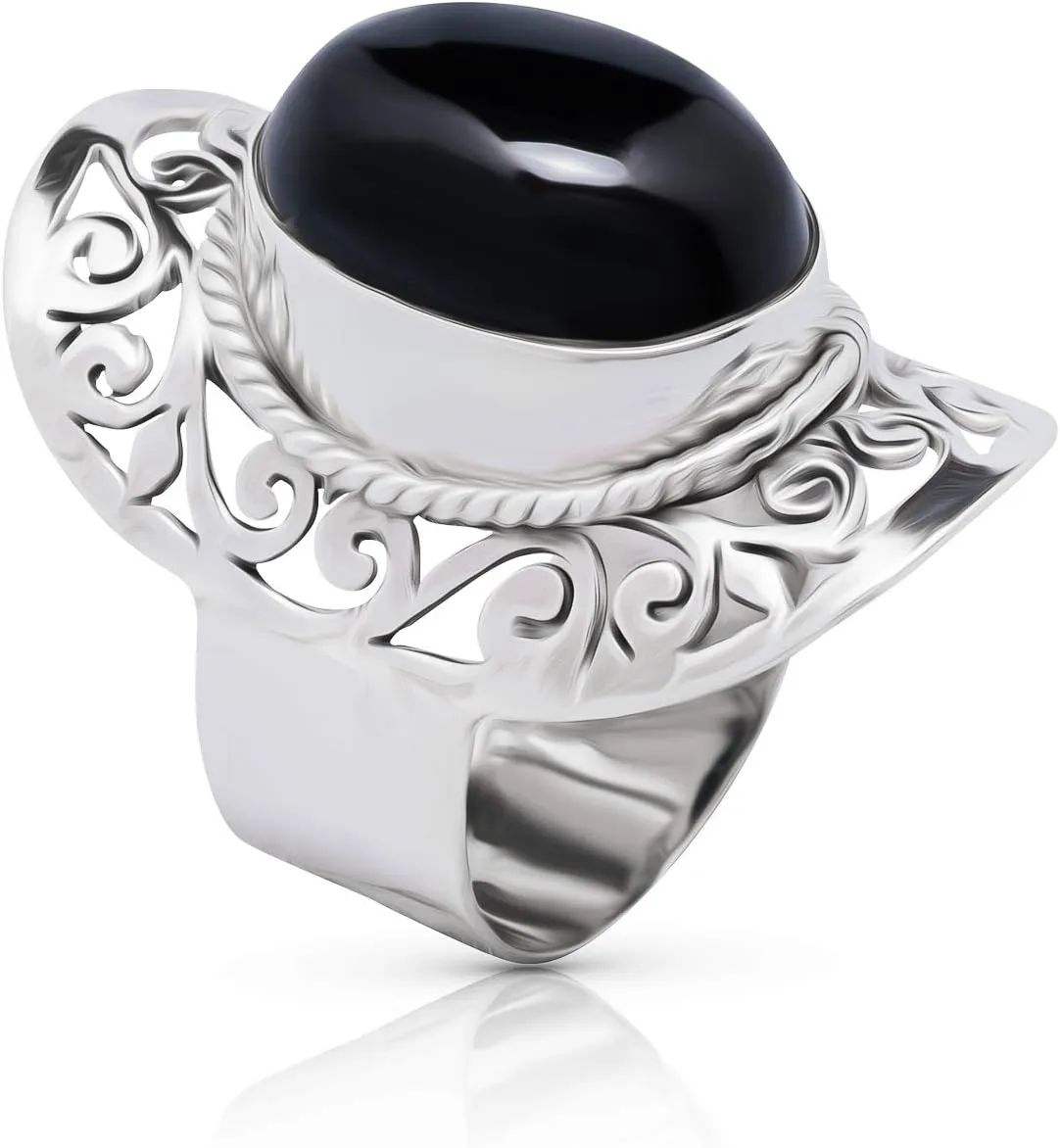 Oval Black Onyx 925 Sterling Silver Lace Ring - Delicate BOHO Chic Jewelry - Fashionable and Stylish for Women with Velvet Gift Bag/Box - Made by Indian Artisans - Size 6-10