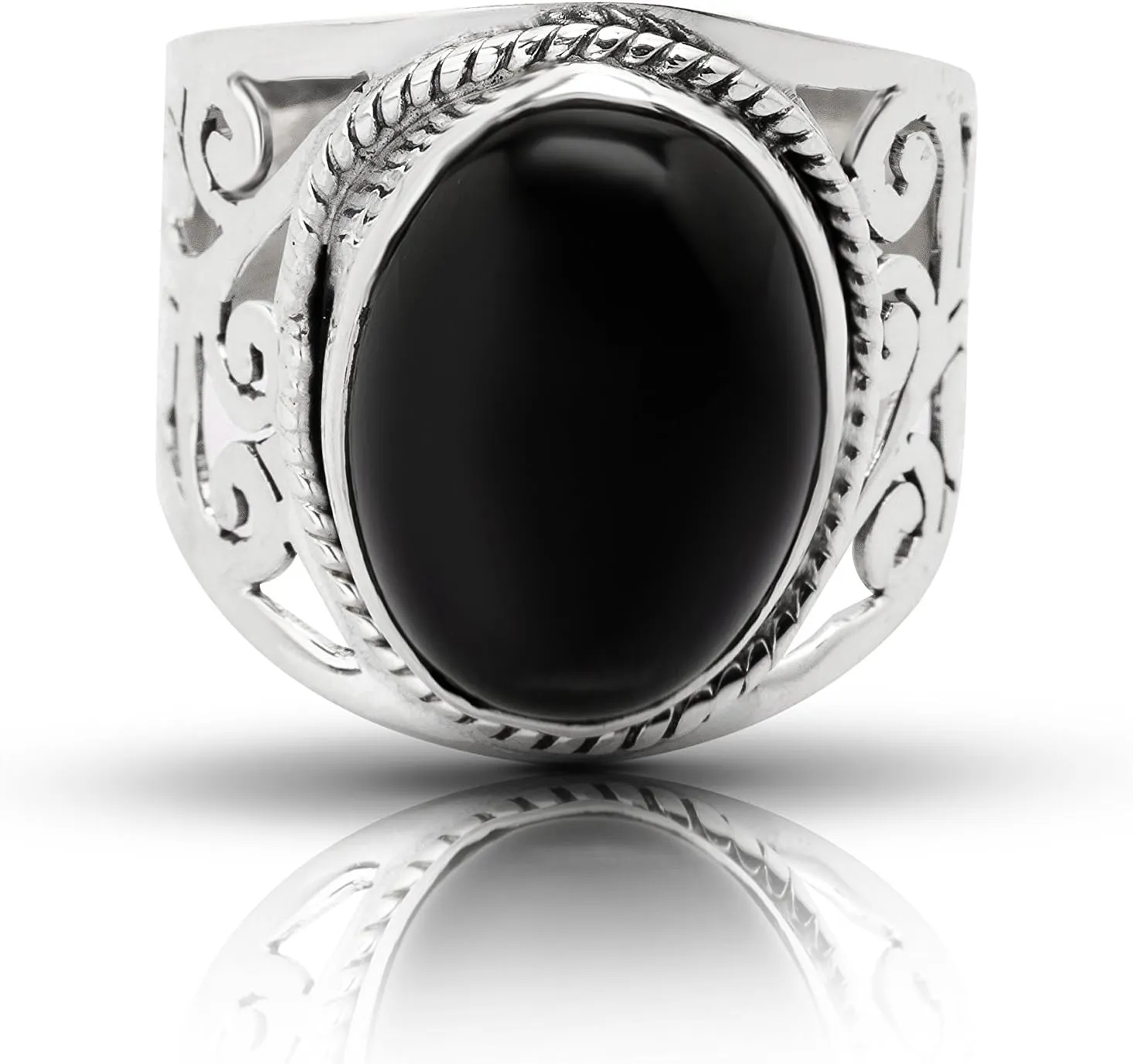 Oval Black onyx 925 Sterling Silver Lace Ring - Ethnic Tribal BOHO Chic Jewelry - Fashionable and Stylish for Women with Velvet Gift Bag/Box - Made by Indian Artisans - Size 6-10