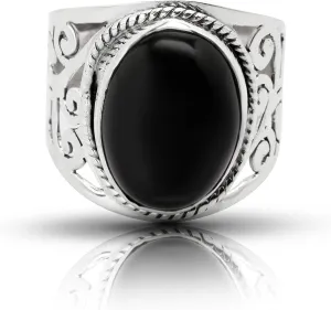 Oval Black onyx 925 Sterling Silver Lace Ring - Ethnic Tribal BOHO Chic Jewelry - Fashionable and Stylish for Women with Velvet Gift Bag/Box - Made by Indian Artisans - Size 6-10