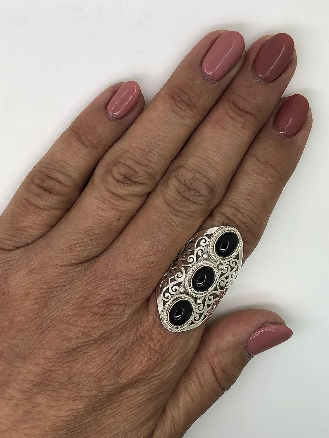 Oval Black onyx Multi Stone - 925 Sterling Silver Lace Ring - Gipsy BOHO Chic Jewelry - Fashionable and Stylish for Women with Velvet Gift Bag/Box - Made by Indian Artisans - Size 6-10