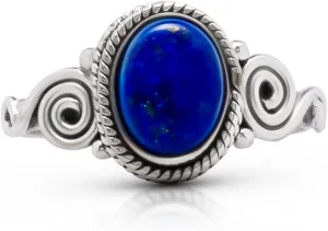 Oval Lapis Lazuli Spiral Sides - 925 Sterling Silver Ring - Delicate BOHO Chic Jewelry - Fashionable and Stylish for Women with Velvet Gift Bag/Box - Made by Indian Artisans - Size 5-9