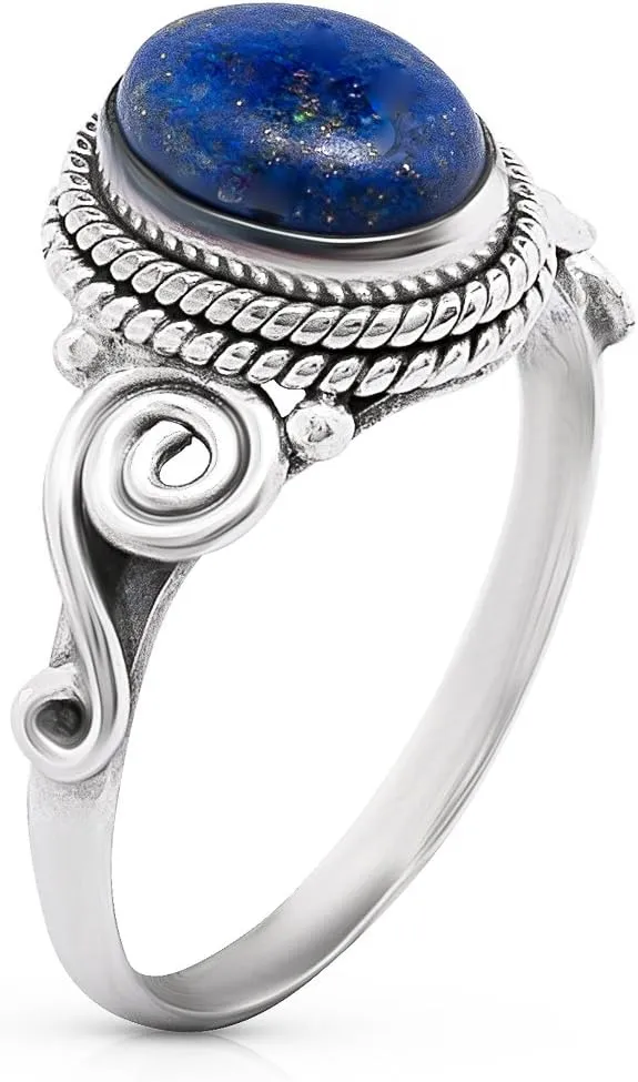 Oval Lapis Lazuli Spiral Sides - 925 Sterling Silver Ring - Delicate BOHO Chic Jewelry - Fashionable and Stylish for Women with Velvet Gift Bag/Box - Made by Indian Artisans - Size 5-9