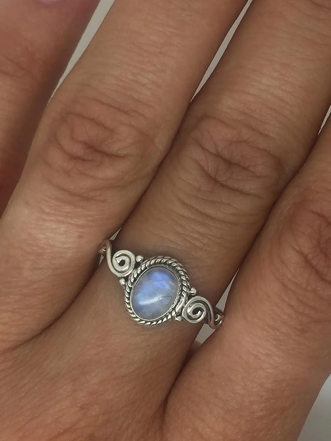 Oval Moonstone Spiral Side - 925 Sterling Silver Ring - Delicate BOHO Chic Jewelry - Fashionable and Stylish for Women with Velvet Gift Bag/Box - Made by Indian Artisans - Size 5-10