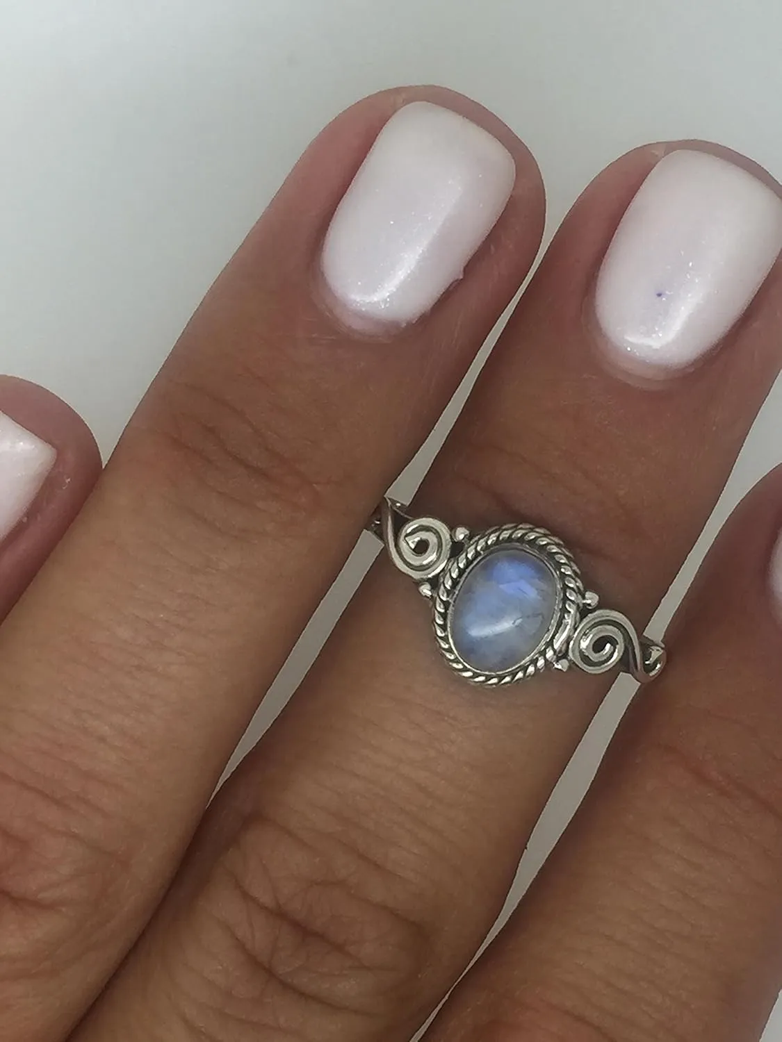 Oval Moonstone Spiral Side - 925 Sterling Silver Ring - Delicate BOHO Chic Jewelry - Fashionable and Stylish for Women with Velvet Gift Bag/Box - Made by Indian Artisans - Size 5-10